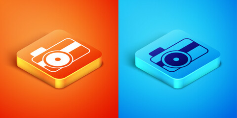 Poster - Isometric Photo camera for diver icon isolated on orange and blue background. Foto camera icon. Diving underwater equipment. Vector