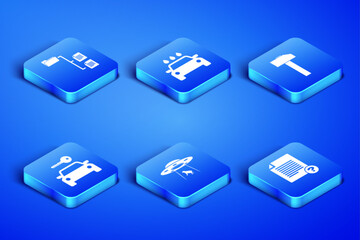 Poster - Set Unknown document, Folder tree, UFO abducts cow, Car rental, wash and Hammer icon. Vector