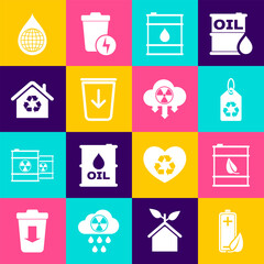 Poster - Set Eco nature leaf and battery, Bio fuel barrel, Tag with recycle, Oil, Send to the trash, House recycling, Earth planet water drop and Acid rain radioactive cloud icon. Vector