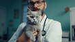 Close-up of a male veterinarian's hands with a stethoscope holding and examining a cute gray kitten in a veterinary clinic. Concept of care, animal health.