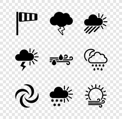 Wall Mural - Set Cone windsock wind vane, Storm, Cloudy with rain and sun, Tornado, snow, Wind, and icon. Vector