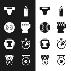 Sticker - Set MMA glove, Baseball ball, Groin guard, Punching bag, Boxing helmet, Stopwatch, Gong and Medal icon. Vector