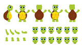 Fototapeta Pokój dzieciecy - Set of Character Constructor for Animation. Body of cute turtle in different poses and movements. Legs, arms and facial expressions. Cartoon flat vector illustrations isolated on white background