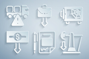 Wall Mural - Set Contract money and pen, Safe, Dollar rate decrease, Drop in crude oil price, Briefcase and Stop delivery cargo truck icon. Vector