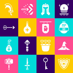 Poster - Set Shield, Witch hat, Video game bar, Medieval helmet, Bottle with potion, Arrow, Sword for and Street signboard Bar icon. Vector