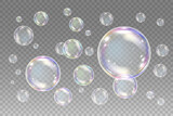 Fototapeta  - Realistic soap bubbles with rainbow reflection. Big set isolated vector illustration on a transparent background