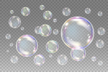 Realistic Soap Bubbles With Rainbow Reflection. Big Set Isolated Vector Illustration On A Transparent Background