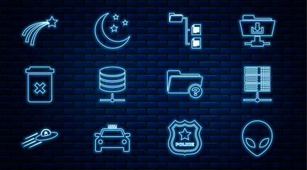 Poster - set line alien, server, data, web hosting, folder tree, trash can, falling star, unknown directory a
