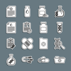 Poster - Set line Health record folder, DNA research, search, Medicine bottle and pills, Clipboard with blood test, Clinical and icon. Vector