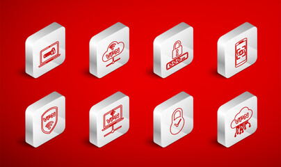 Poster - Set line Cloud VPN interface, Network cloud connection, Password protection, Mobile and eye scan, Padlock with clock, Laptop password, Computer network and Shield wireless icon. Vector