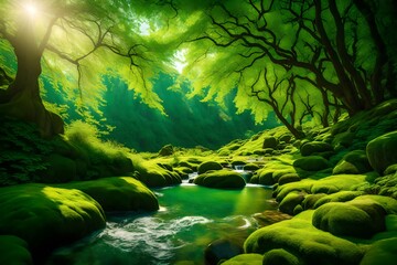 Canvas Print - river in the forest, green forest