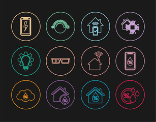 Poster - Set line Humidity, for smart home, Smart remote control system, glasses, Light bulb and gear, Mobile charging battery, with wi-fi and Thermostat icon. Vector