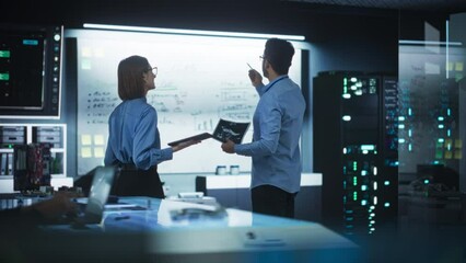 Aufkleber - In Technological Research Facility: Portrait of a Team of Two Professional Engineers Using Digital Tablet and White Board to Discuss the Manufacturing Plan for Product Development