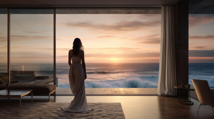 Young woman in an elegant dress in a modern living room overlooking the ocean. Concept of relaxation, enjoyment or freedom.