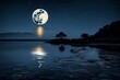 full moon over the sea, mountaine and trees, image of moon and trees and mountaine in the river