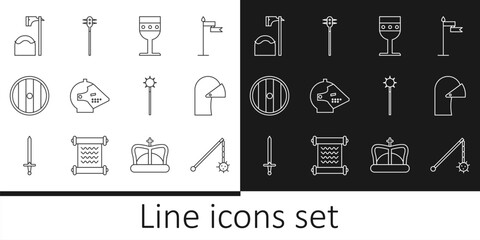 Poster - Set line Medieval chained mace ball, iron helmet, goblet, Round wooden shield, Executioner axe tree block, and icon. Vector