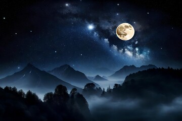full moon over the mountains at night