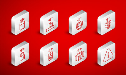 Poster - Set line Exclamation mark in triangle, Smart security camera, Robot vacuum cleaner, traffic light, printer, refrigerator, stereo speaker and safe combination lock icon. Vector