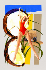 Happy beautiful young woman in red swimming suit cheerfully jumping over abstract background with coconut. Contemporary art. Concept of summer, vacation, travel and tourism, surrealism, inspiration