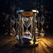 Ebbing seconds: futuristic hourglass with objects swirling around. Time running out concept