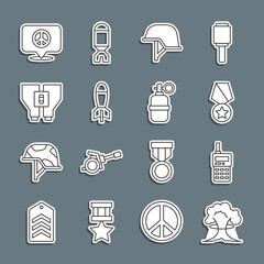 Sticker - Set line Nuclear explosion, Walkie talkie, Military reward medal, helmet, Rocket launcher, Binoculars, Location peace and Hand grenade icon. Vector