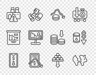 Canvas Print - Set line Mobile stock trading, Broken piggy bank, Dollar rate decrease, Shutdown of factory, Global economic crisis news, Gold bars and Drop crude oil price icon. Vector