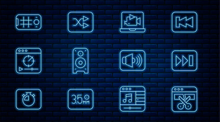 Poster - Set line Video recorder or editor, Fast forward, Online play video, Stereo speaker, Selfie on mobile, Speaker volume and Arrow shuffle icon. Vector