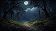  a painting of a path through a dark forest with a full moon in the sky above the trees and on the ground.