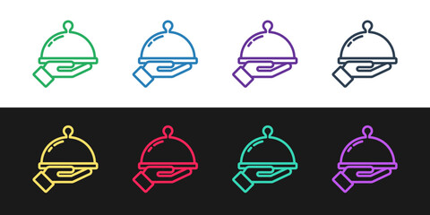 Poster - Set line Covered with a tray of food icon isolated on black and white background. Tray and lid sign. Restaurant cloche with lid. Vector