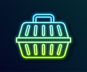 Sticker - Glowing neon line Pet carry case icon isolated on black background. Carrier for animals, dog and cat. Container for animals. Animal transport box. Vector