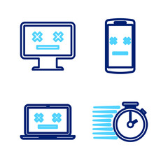 Poster - set line stopwatch, dead laptop, mobile and monitor icon. vector