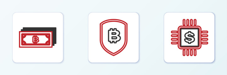 Poster - Set line Processor chip with dollar, Cryptocurrency bitcoin and Shield icon. Vector