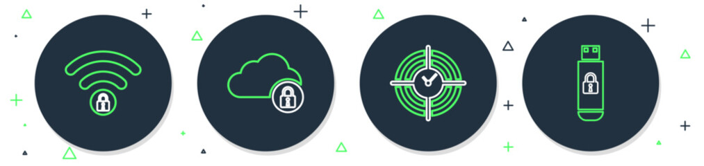 Poster - Set line Cloud computing lock, Time Management, Wifi locked and USB flash drive with icon. Vector