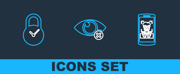 Poster - set line mobile and face recognition, padlock with clock and invisible or hide icon. vector