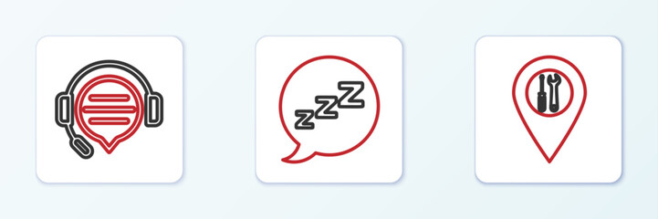 Poster - set line location service, headphones with speech bubble chat and speech snoring icon. vector