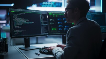Poster - Portrait of Young Creative Manager Using Desktop Computer, Writing Code for an Innovative Technological Internet Product Launch. Enthusiastic Professional Developer Working in Modern Office
