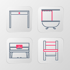 Poster - Set line Chair, Grand piano, Bathtub with shower curtain and Wooden table icon. Vector