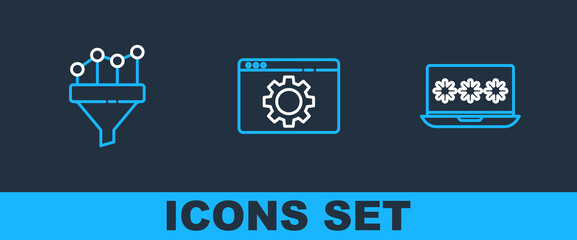 Poster - set line laptop with password, sales funnel chart and browser setting icon. vector