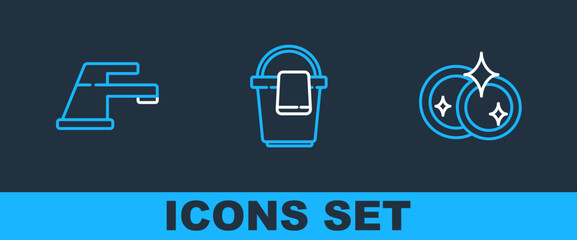 Poster - Set line Washing dishes, Water tap and Bucket with rag icon. Vector