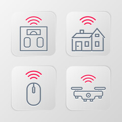 Poster - Set line Smart drone, Wireless mouse, home with wireless and bathroom scales icon. Vector