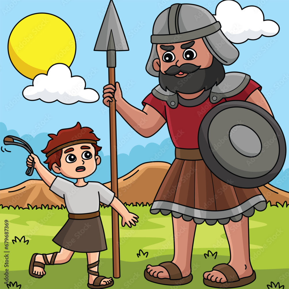 David and Goliath Colored Cartoon Illustration Stock Vector | Adobe Stock