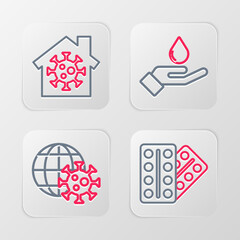 Poster - Set line Pills in blister pack, Earth globe with virus, Washing hands soap and Stay home icon. Vector