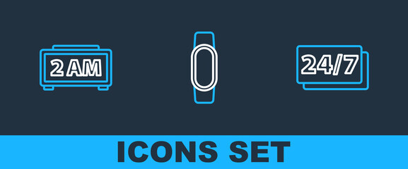 Poster - set line clock 24 hours, digital alarm clock and smartwatch icon. vector