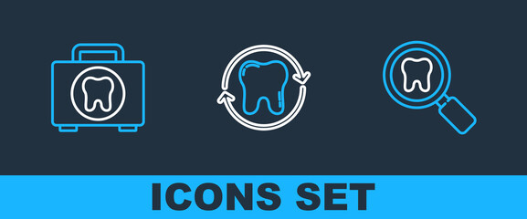 Sticker - Set line Dental search, First aid kit and Tooth whitening icon. Vector