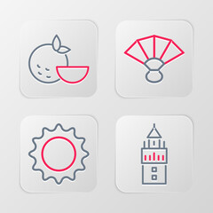 Sticker - Set line Giralda, Sun, Fan flamenco and Orange fruit icon. Vector