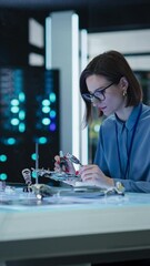Poster - Vertical Screen: Modern Electronics Research, Development Facility: Female Engineer Does Computer Motherboard Soldering. Scientist Designing PCB, Silicon Microchips, Semiconductors