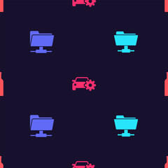 Poster - set ftp folder, , car service and bottle of wine on seamless pattern. vector