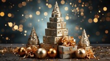  A Christmas Tree Made Out Of Gold And Silver Presents With A Gold Bow On The Top And A Gold Bow On The Bottom.
