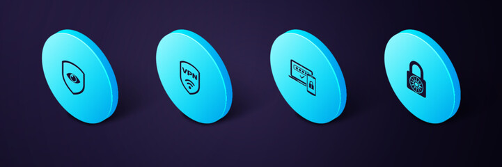 Poster - Set Isometric Safe combination lock wheel, Two steps authentication, Shield with VPN wireless and and eye icon. Vector