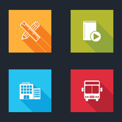 Poster - Set Crossed ruler and pencil, Audio book, Hotel building and Bus icon. Vector